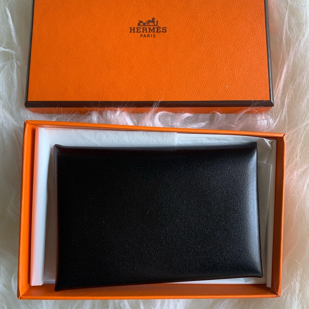 Hermes Calvi Card Holder Noir Box Leather Rare New w/ Box